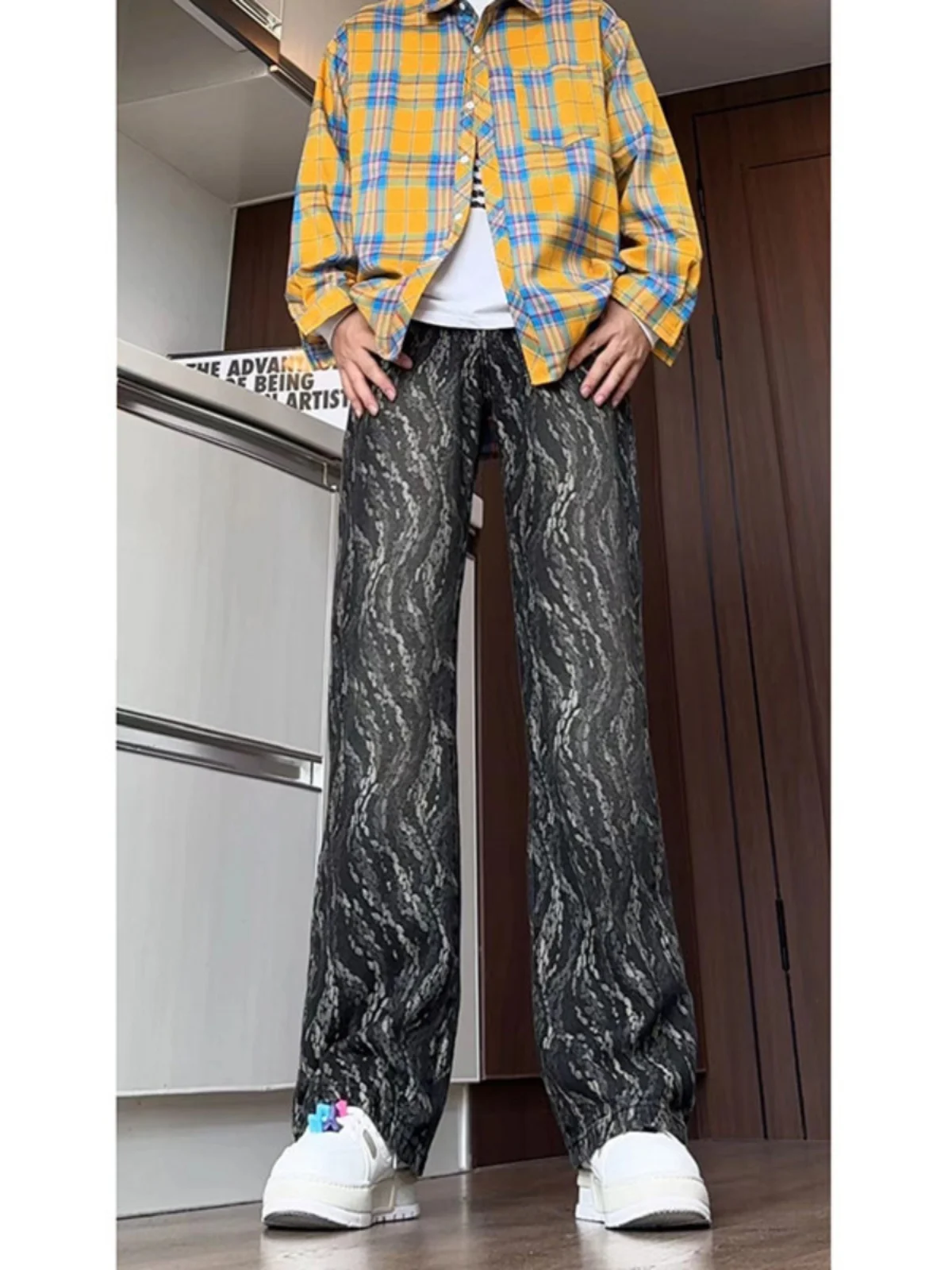 

Винтажные мужские джинсы с цветочным принтом на талии, свободные прямые рваные повседневные хлопковые джинсовые брюки для подростков