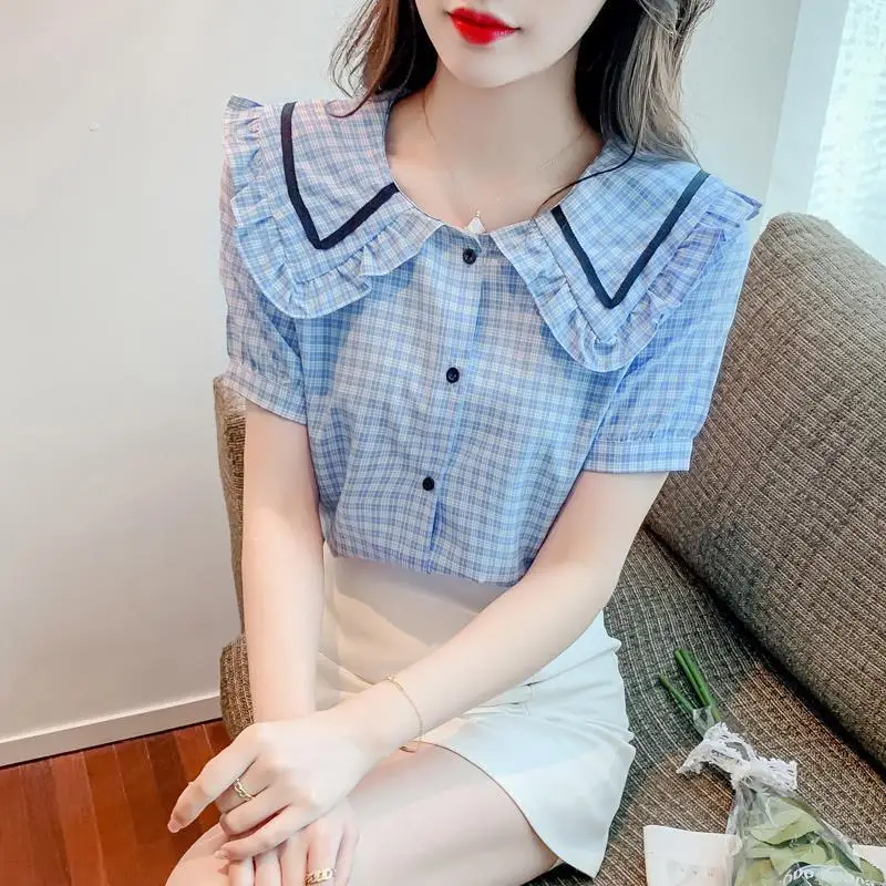 Fashion Korean Summer New Blouses Women\'s Polo Collar Spliced Editable Tree Fungus Plaid Button Loose Casual Short Sleeve Shirts