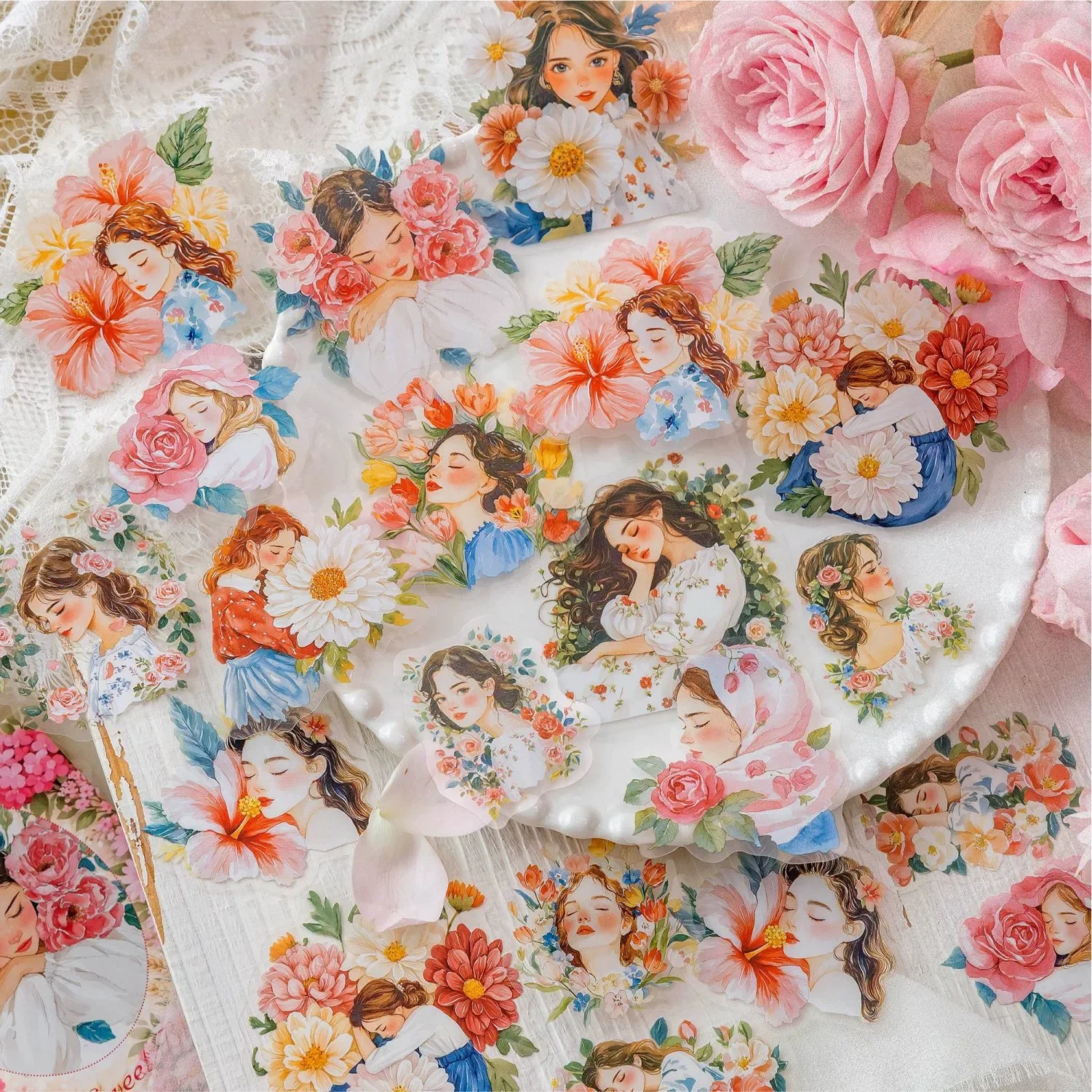 30 Stück Blumen- & Mädchen-Serie PET-Aufkleber-Set mit Weißer Tinte, Vintage Blumenmädchen-Journal-Sticker für DIY Scrapbooking & Szenendekoration