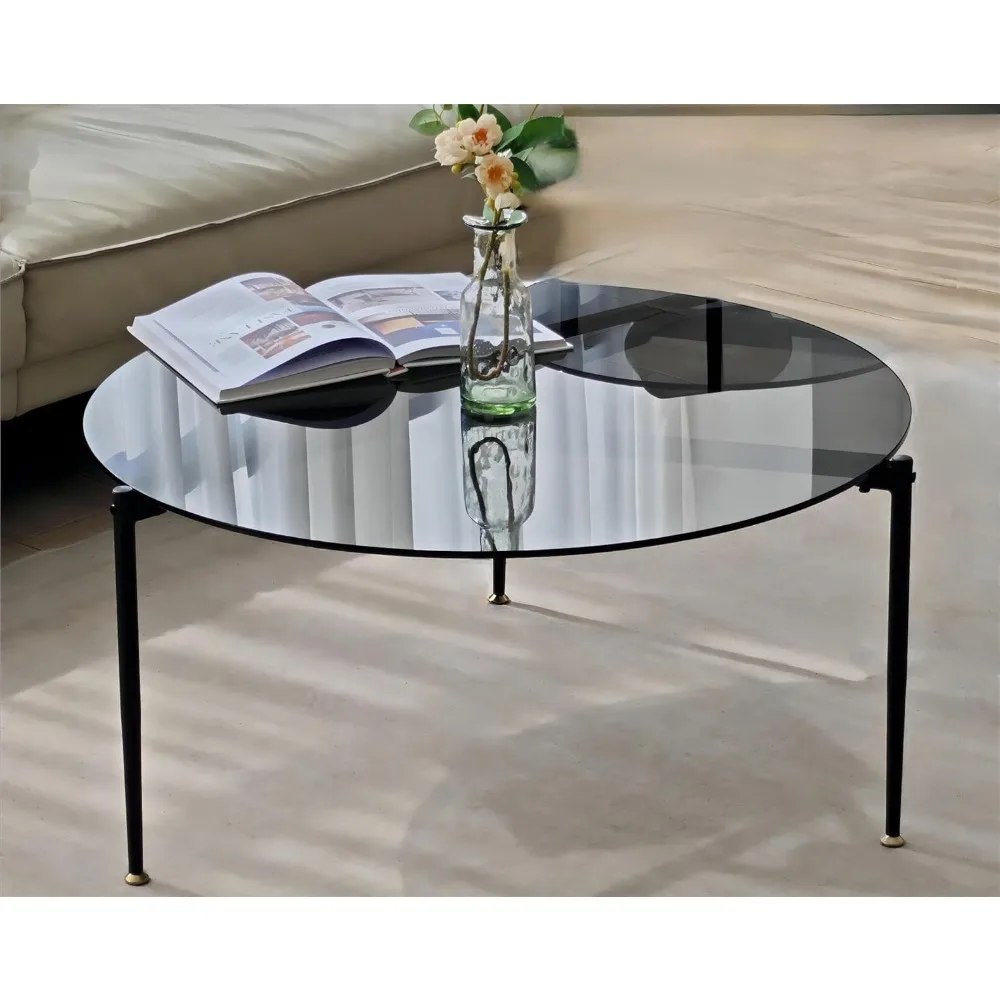 

Round Tempered Glass Table: 31.5 inch Large Circle Top Storage Shelf with Metal Frame, Modern Coffee Table Center Desk Luxury Fu
