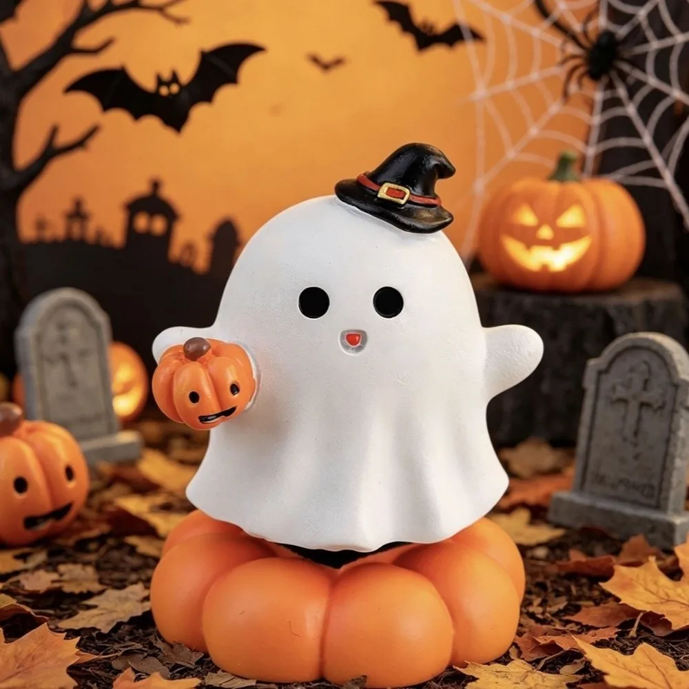 Gothic Style Rotating Pumpkin Ghost Ornament Resin Rotating Ghost Pumpkin Skull Figurine Cute Spooky Tombstone Shaped Ornament