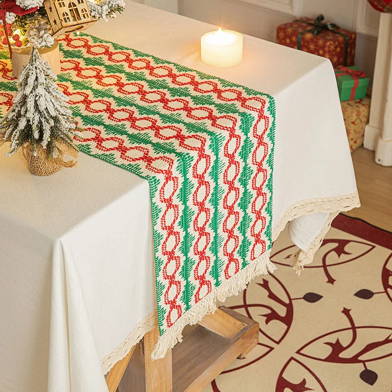 New Year Red Table Flag Cotton Linen Woven Tassel Placemat New Year Series Long Tablecloth Bed End Towel Atmosphere Decoration