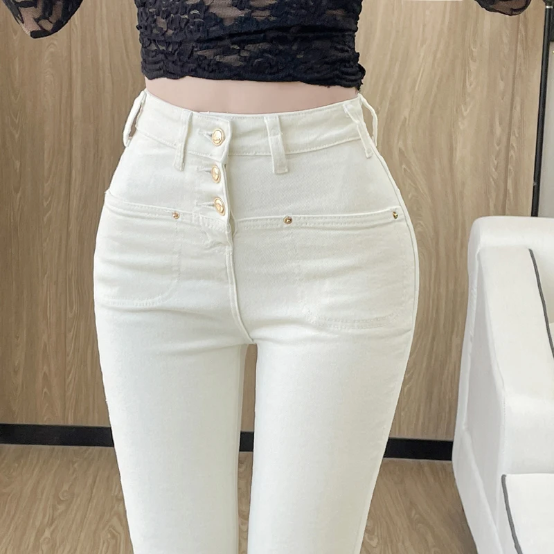 Nowe Białe Obcisłe Jeansy Damskie z Wysokim Stanem Casualowe Elastyczne Jeansy Vintage Sexy Femme Długość do Kostek Spodnie Ołówkowe Jeansy Denim