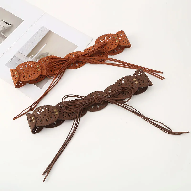 IF IFOND Fashionable Everyday Versatile Openwork Women’s Wide Belt Ethnic-Style Fringe Knot Fabric Belt Elegant Waist Sash