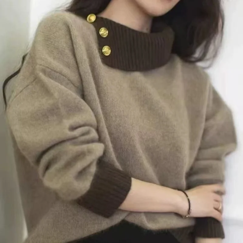 

100% Merino wool new women's lapel sweater 2026 spring and autumn knitted color blocking trend women's long sleeved pullover swe