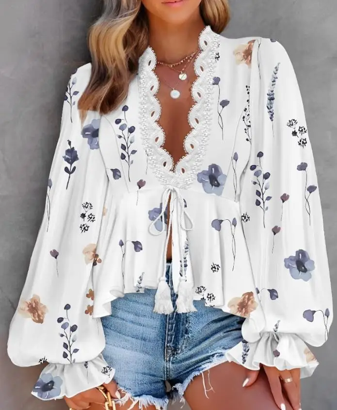 花柄 V ネック ブラウス ランタン スリーブ カジュアル コントラスト レース タイ ディテール レディース ファッション トップ