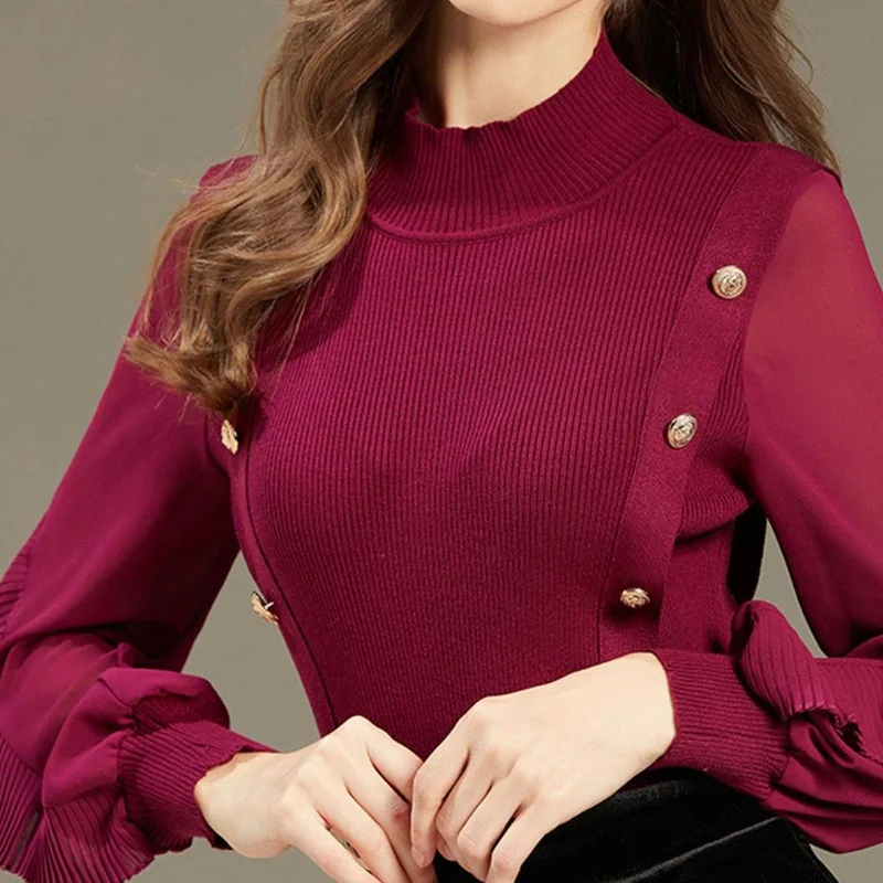 Autumn and Winter New Vintage Chic Sweaters Women Solid Color Long Lantern Sleeve Button Half High Neck Ruffles Casual Pullover