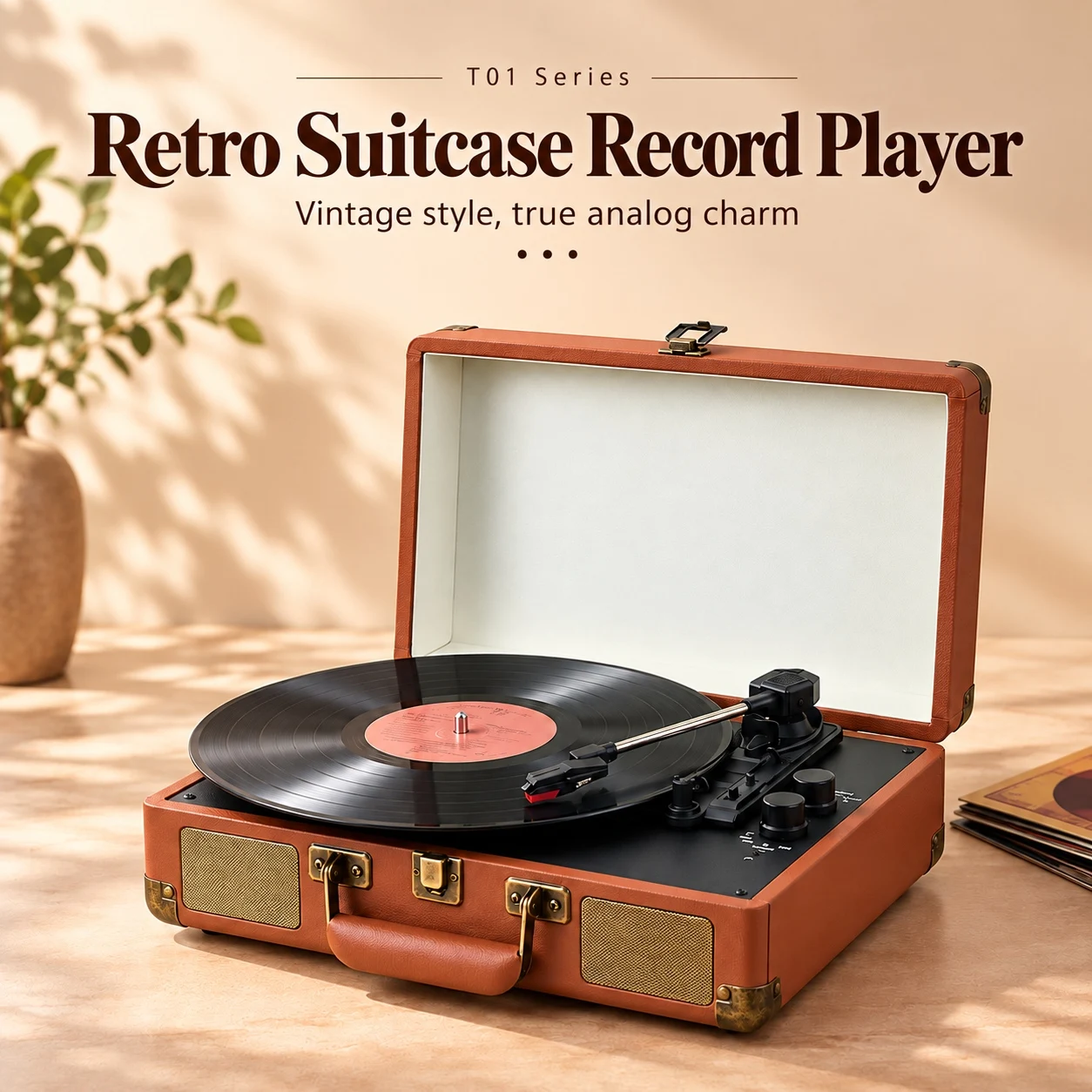 Retro Suitcase Vinyl Record Player, Portable Bluetooth Turntable with Built-in Stereo Speakers, 3-Speed Phonograph for Home