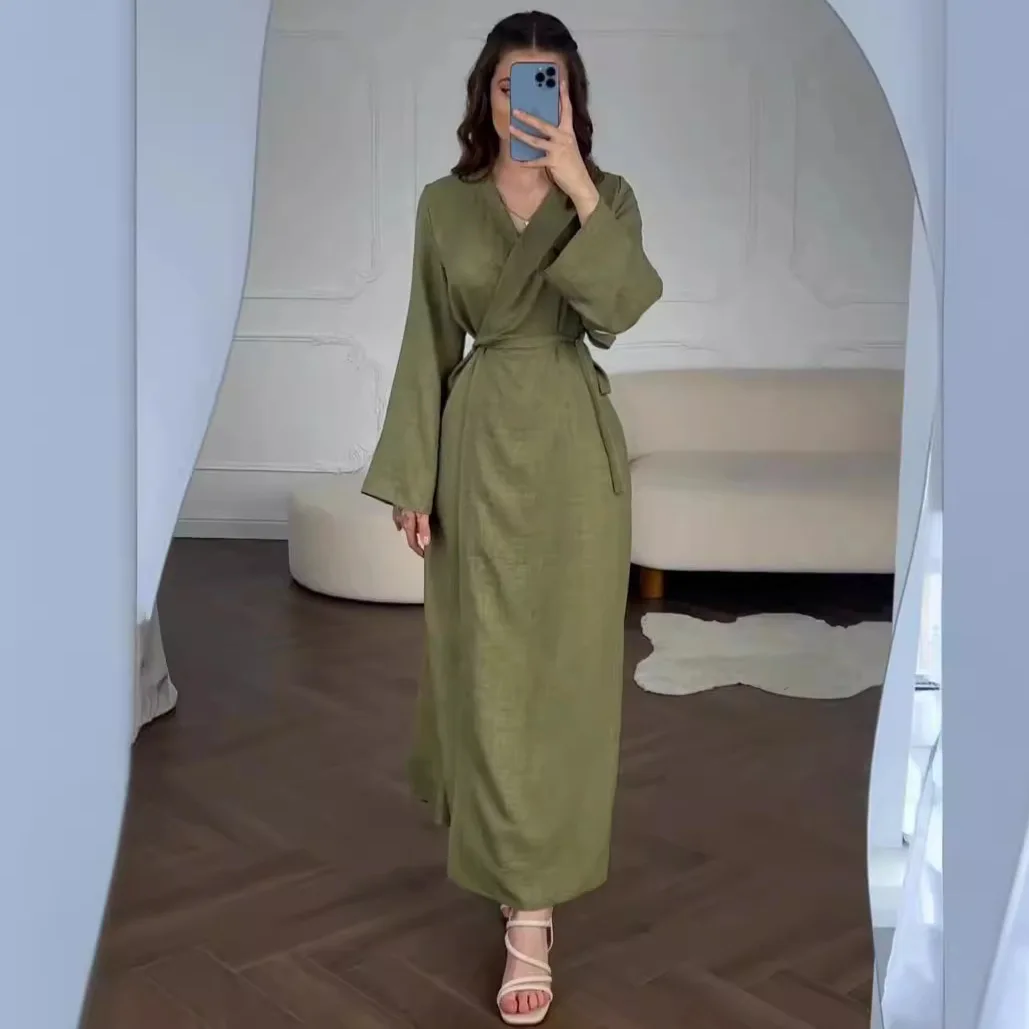 Chinese Style Long Sleeve Dress, Spring Summer V-Neck Tie Waist Maxi Dresses, Elegant Zen Flowy Dress