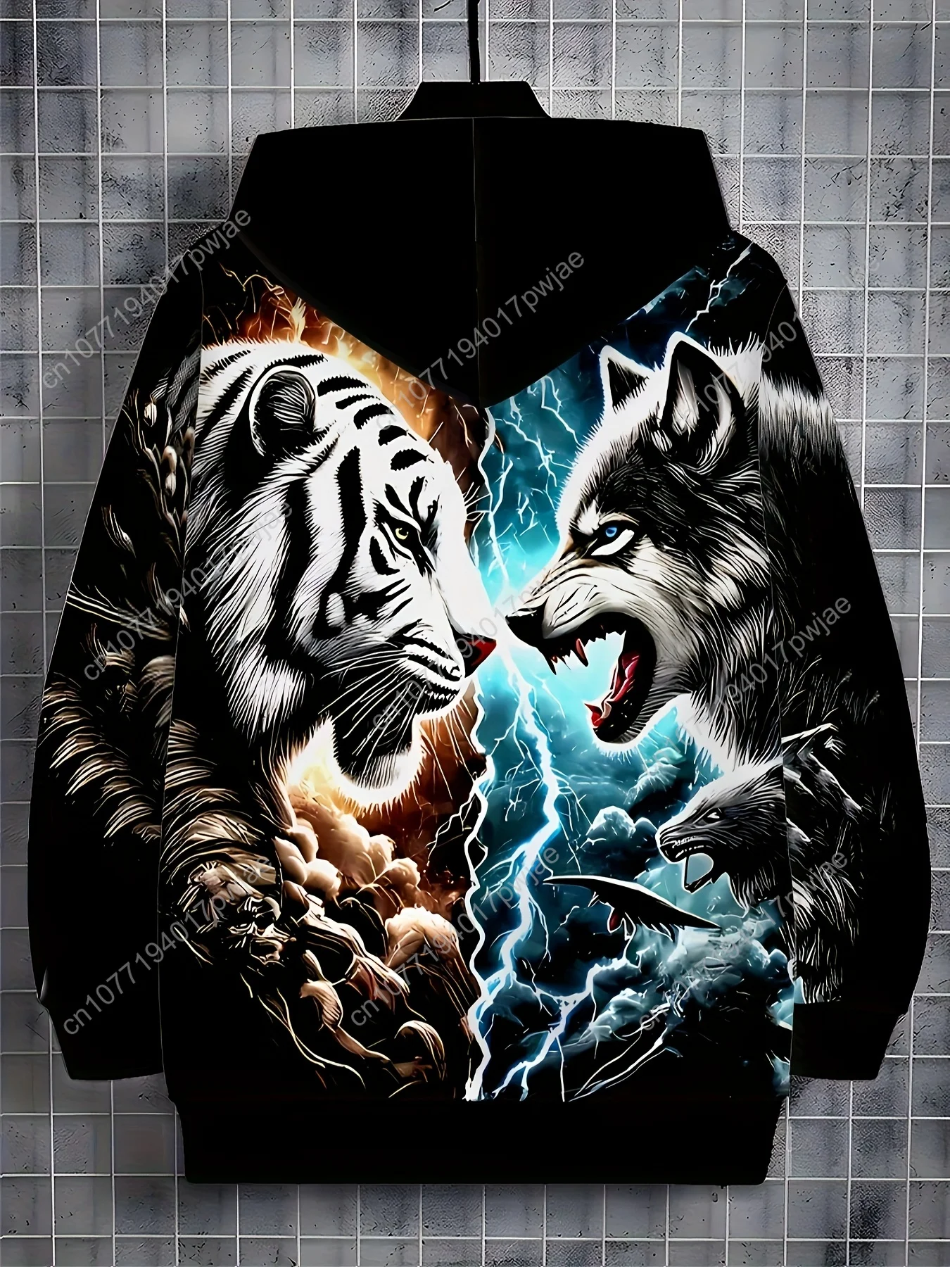 Moletom masculino com zíper e estampa Tiger & Wolf – manga comprida, cordão, bolsos |   Jaqueta casual outono/inverno ao ar livre |   Poliéster, Machi
