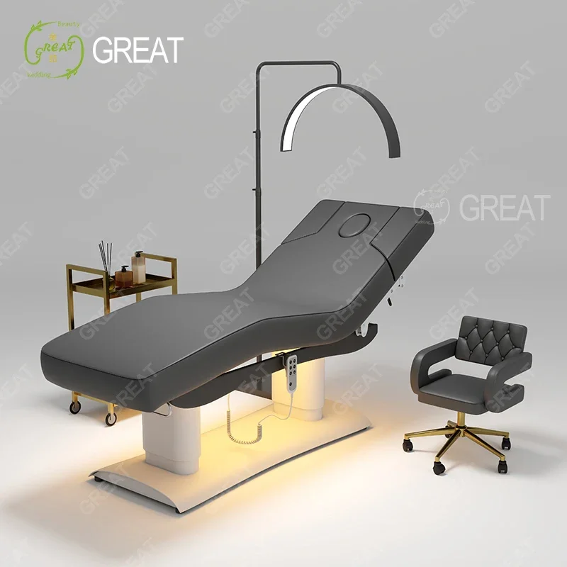 Adjustable Height  Salon Furniture Equipment Beige Massage Spa Table Three Motor Electric Reclining Facial Bed