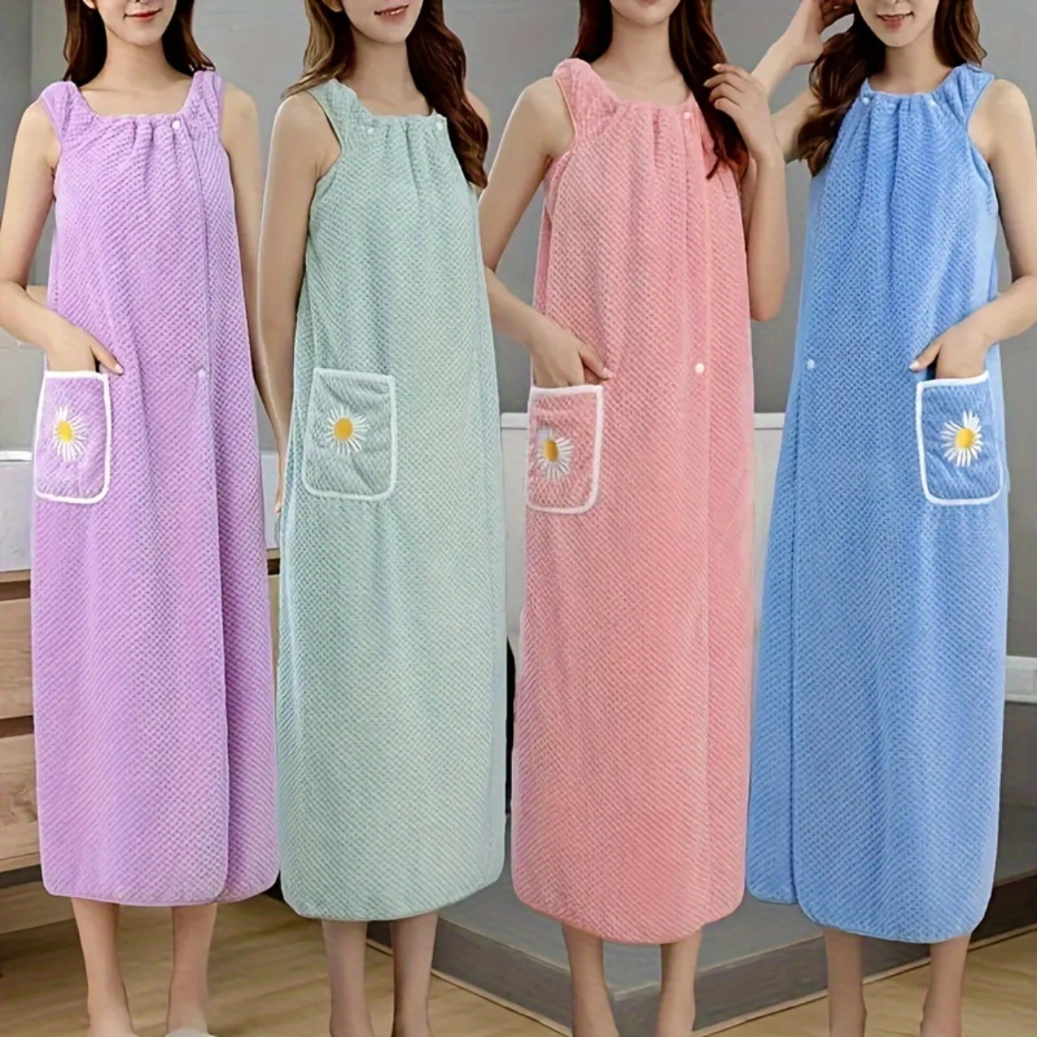 1pc Flower Pattern Wearable Bath Towel, Solid Color Bath Skirt For Adults, Absorbent Quick Drying Bathrobe With Pockets, Long Ba