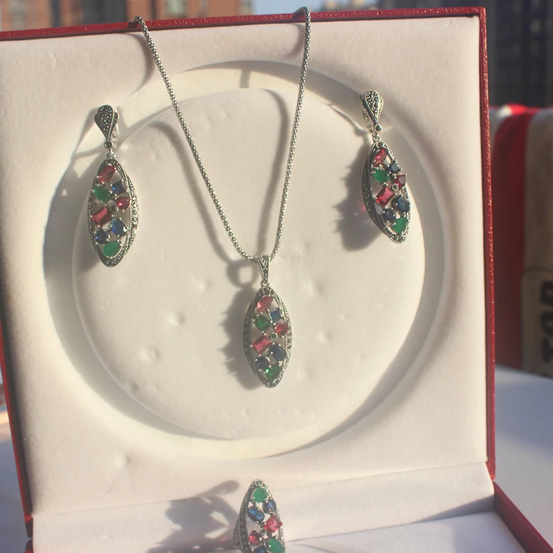 Ajojewel 925 Mark Silver-color Vintage Necklace Ring Earrings Large Jewelry Sets For Women With Green/Red/Colorful Crystals Gift