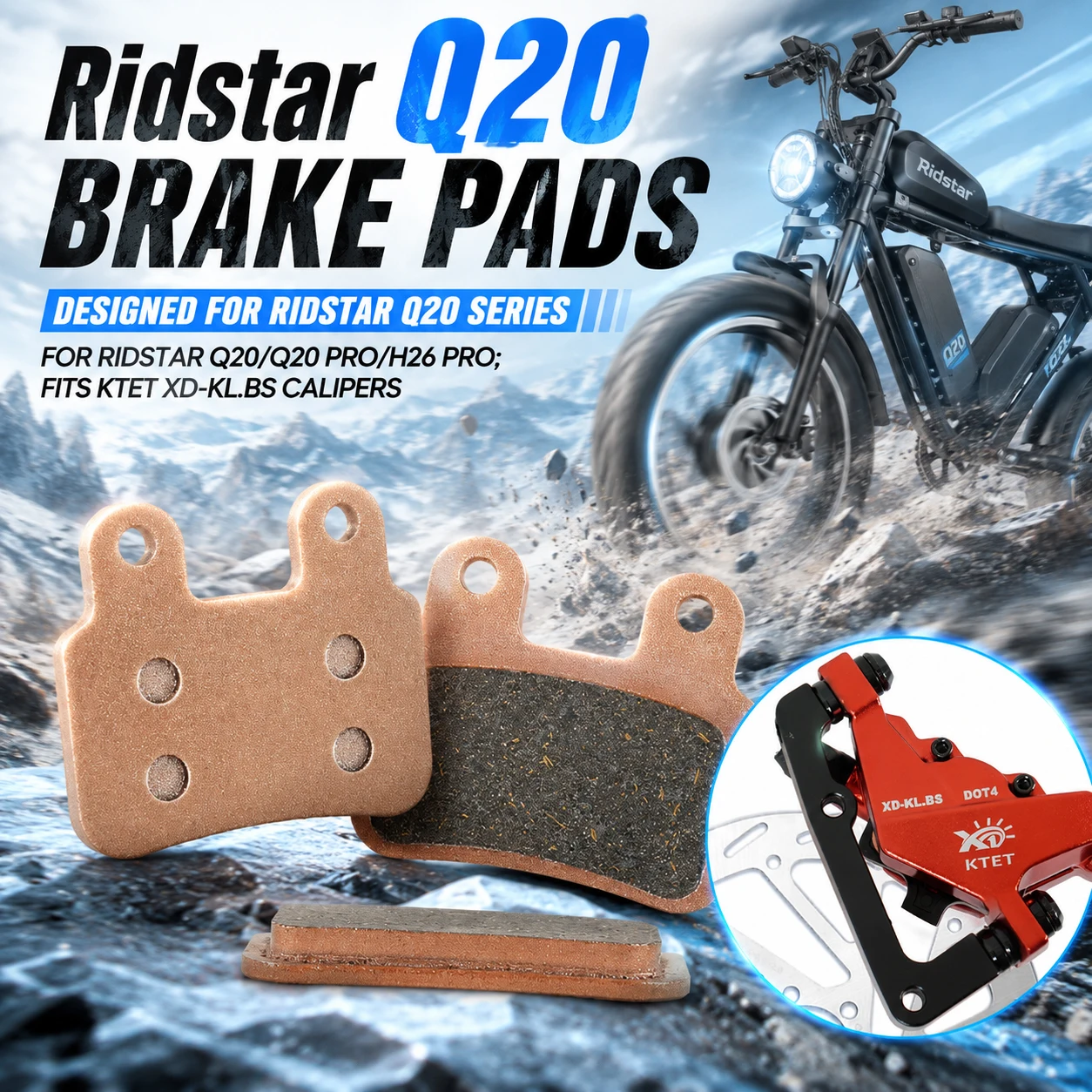 Ridstar Q20 Brake Pads Semi-Metallic for Q20 Pro H26 Pro YVY K20 K20 Pro C20 Max KTET XD-KL.BS Hydraulic Ebike