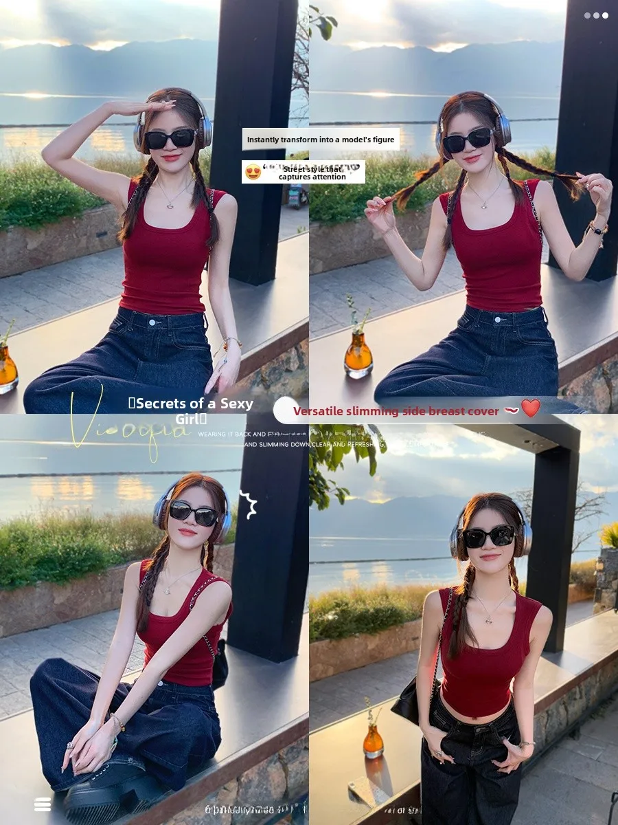 Colete feminino top coreano Sle verão roxo agasalhos U-Neline Svel regata com exposição Ba para escritório e casual...