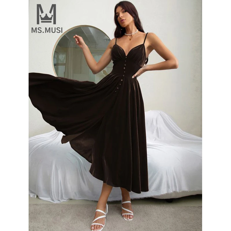 

MSMUSI 2024 New Fashion Women Sexy Solid Strap Button Draped Fold Sleeveless Backless Bodycon Party Club Event Velvet Midi Dress