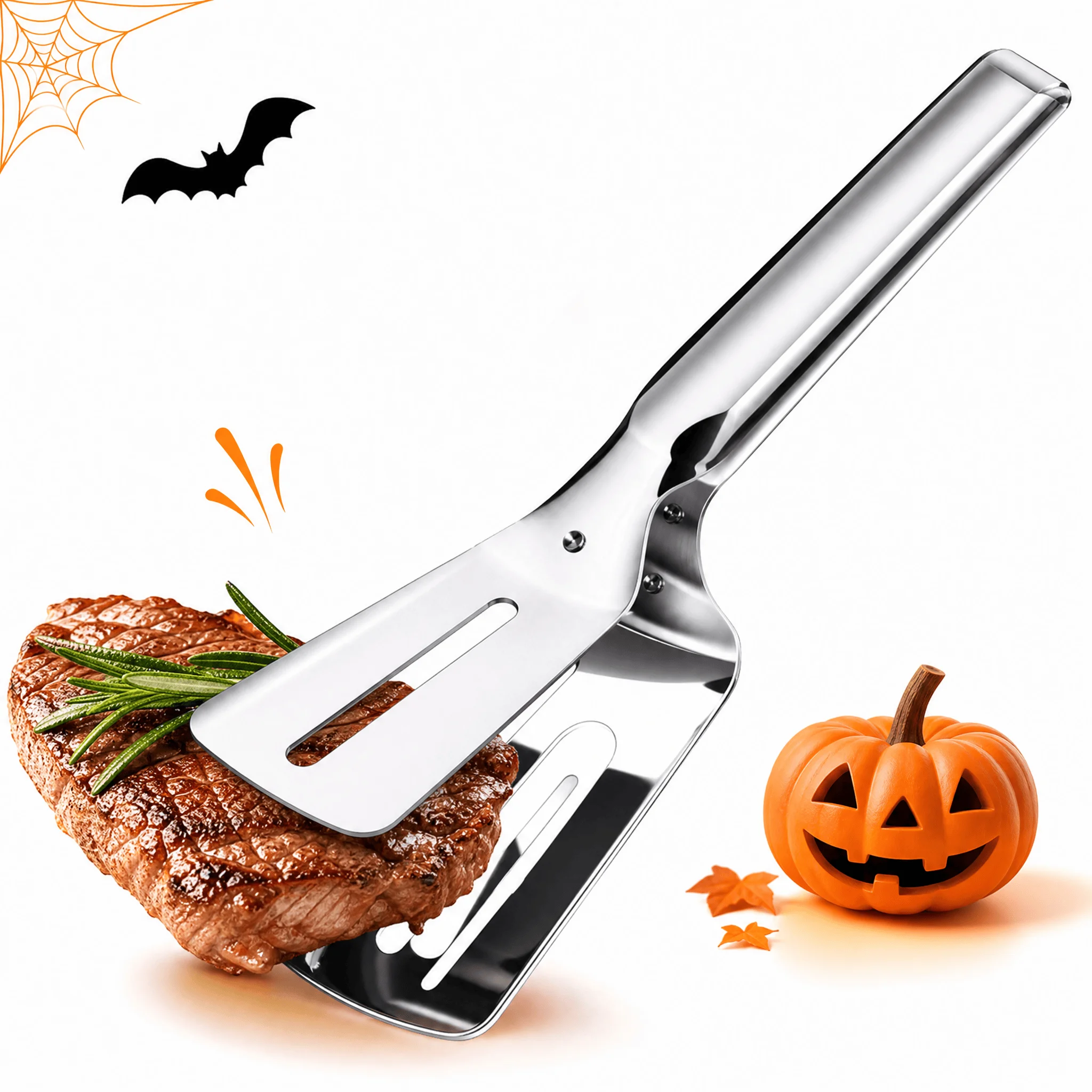 1pcs Halloween Stainless Steel Steak Tongs, Non‑Slip Long Handle Grill Spatula Tong, Slotted Design Oil‑Draining Food Clip for BBQ Grilling Frying Fish Bread, Halloween Party Cooking Tool