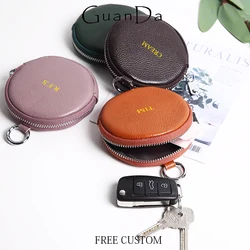 Custom Name Mini Coin Purse Genuine Leather Round Zipper Coin Bag Engrave Initials Woman Man Portable Card Holder Luxury Wallet