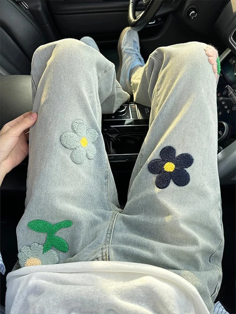 

Мужские джинсы с цветочной вышивкой, зауженные, летние, тонкие, винтажные, прямые, расклешенные, повседневные, молодежные, модные, джинсовые брюки