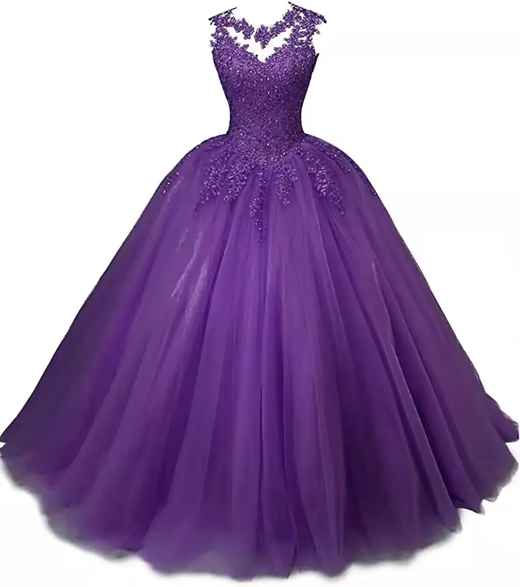 

2024 Autumn New Girls Long Classic Tulle Purple Sweet 16 Dresses appliques de dentelle sur tull robe de bal