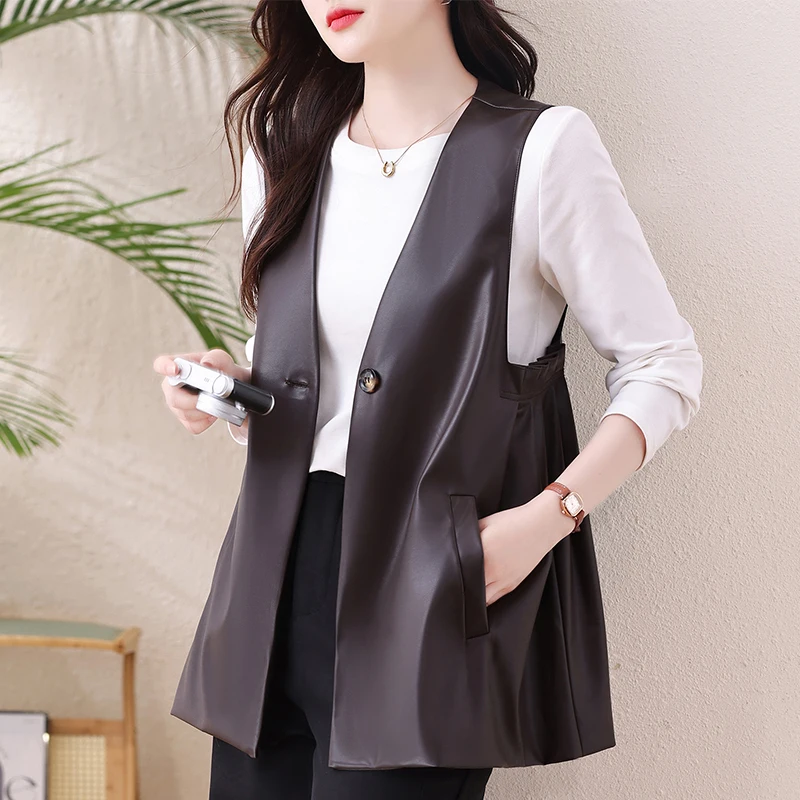 Authentic PU Leather Women's Vest 2026 Autumn Loose Slimming Outerwear Versatile Top Casual Fashion Ladies' Jacket