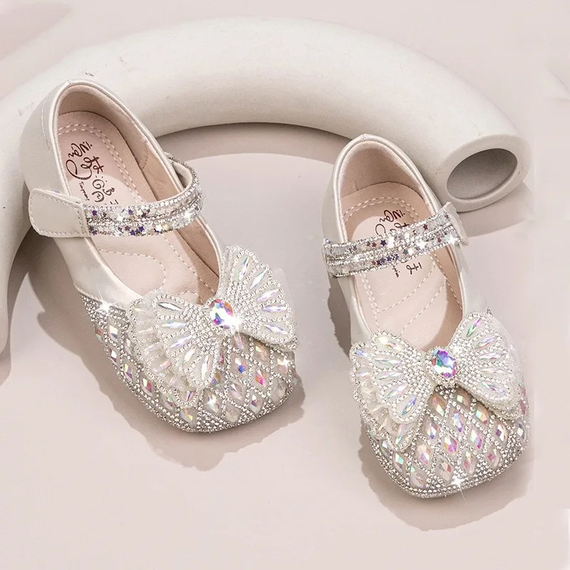 Leren Schoenen Voor Kinderen Lente En Herfst Nieuw Kristal Glanzend Water Diamant Schoenen Klein Meisje Zacht Zool Prinses Schoenen