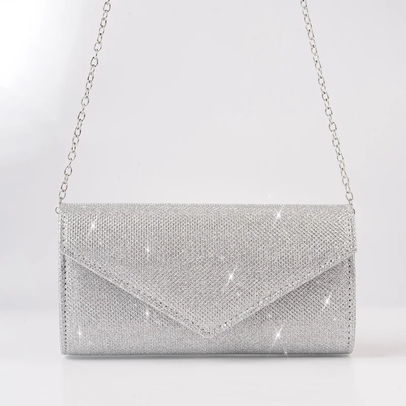 Women Envelope Evening Bag Glitter Ladies Chain Shoulder Bags Shiny Silver Long Purse Female Wedding Party Clutches Mini Handbag