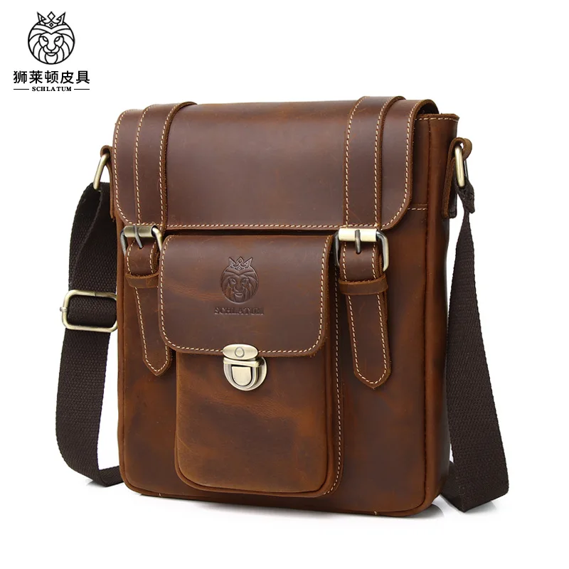 Bolsa crossbody de ombro único da moda masculina de couro de cavalo louco, bolsa mensageiro de couro genuíno retrô britânico