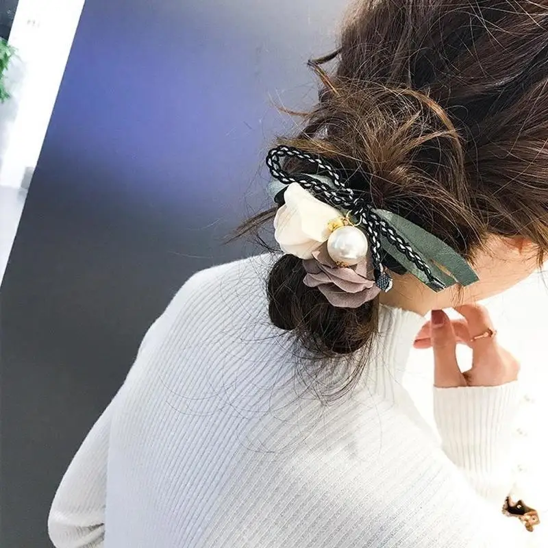 Women Elegant Flower Big Pearls Hair Curls Bun DIY Hair Style Donut Maker Ribbon Lady Fashion Hair Making Tool Accessories