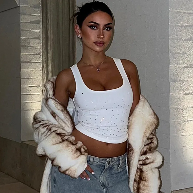 

Sexy Beading Diamond Tank Tops Y2K Summer Strap Sleeveless Women Fashion Square Collar Crop Top Casual Streetwear Vintage Tees