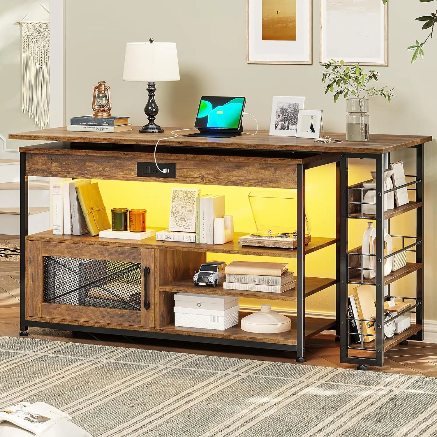 Umail Furniture Table with Storage Cabinet, Industrial Entryway Table with Power Strip and LED Lights