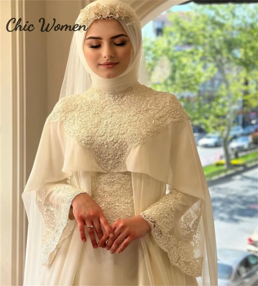 Luxury Islamic Muslim Wedding Dress With Caped Elegant Long Sleeve Lace Boho Turkey Moroccan Bridal Gown Arabic Bride Customized