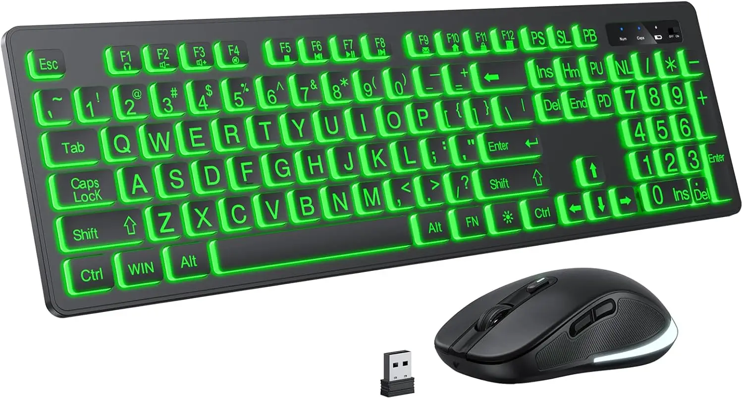 SGIAWETA-Large Print Wireless Keyboard and Mouse - 7 Colors Backlit Keyboard, Oversize Letters Keys Easy to-birthday