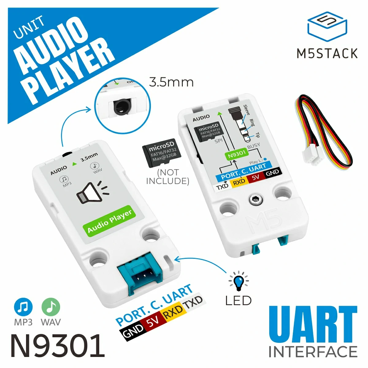 M5Stack MP3 Player Unit AudioPlayer UART Communication Interface N9301 Chip Support MicroSD MP3 WAV 3.5mm Stereo Jack for STEAM