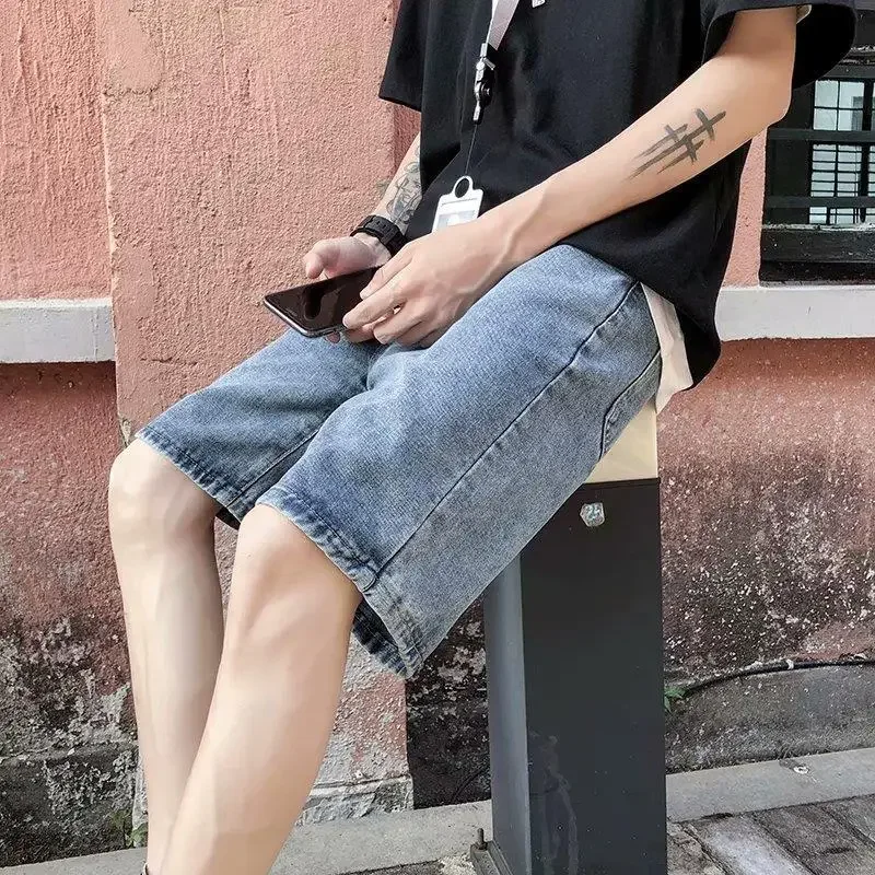 Short Jeans Pants for Men Half with Pockets Bermuda Graphic Man Denim Shorts Long Harajuku Jorts Y2k Fashion Cut Trend 2024 Sale