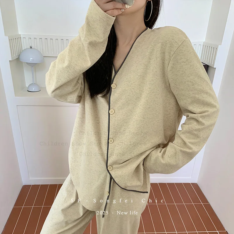 Autumn Warm Home Clothes Solid Color Pajamas Suit Single Breasted Top Pants Pijamas De Mujer 2Pcs Korean Style Loungewear