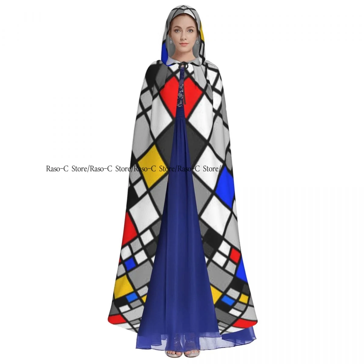 Unisex Adult Monochrome Twisted Diamond Inlay Pattern Cloak with Hood Long Witch Costume Cosplay