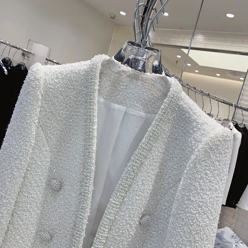 Winter New Fragrance Heavy Industry Slim Short Wool Black White Suit Coat Slim Fit Beads High Waist Blazers Fashion