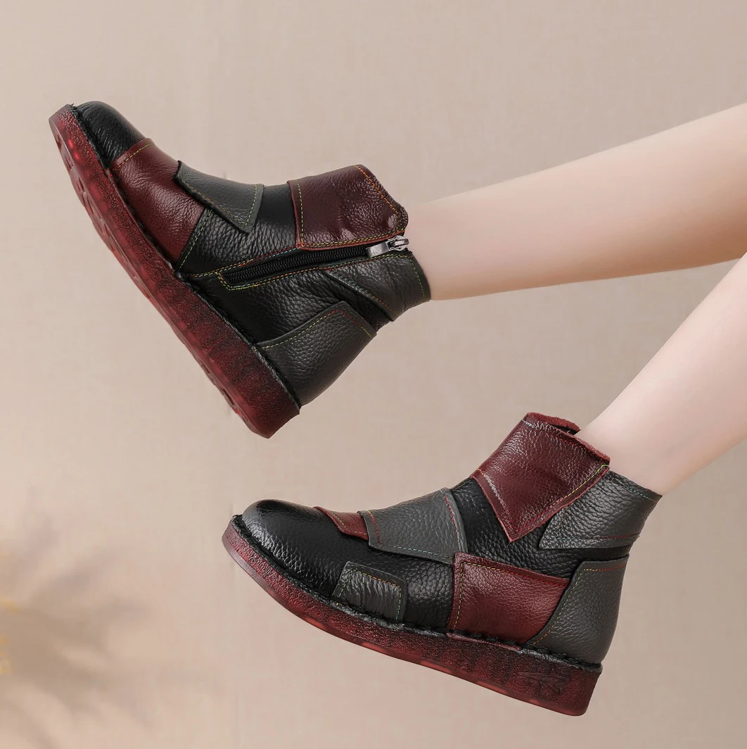 

New genuine leather plush boots women winter warm zip up shoes waterproof ankle boots woman flat heel patches booties ladies