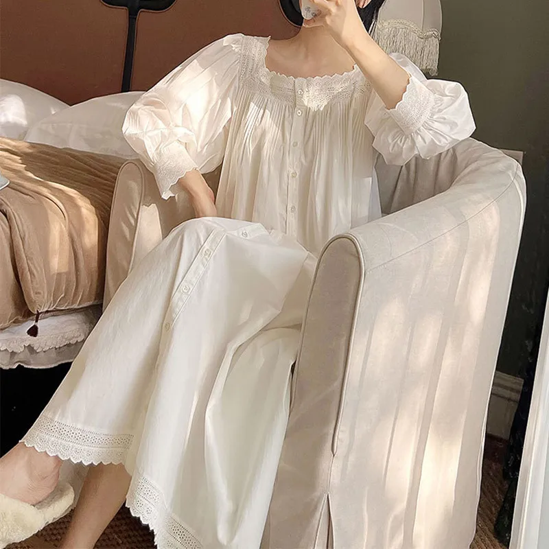 Princess Vintage Full Puff Sleeves Long Mid-Calf Nightgowns French Square Collar Cardigan Night Dress 100% Cotton Casual Nightie