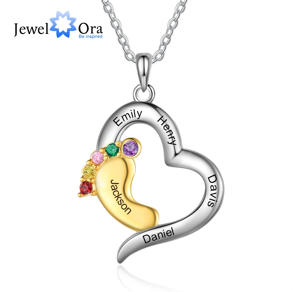 

Personalized Gold & Silver Color Baby Feet Heart Necklaces Pendants Custom Engraved Name with 1-5 Birthstones Mothers Day Gifts