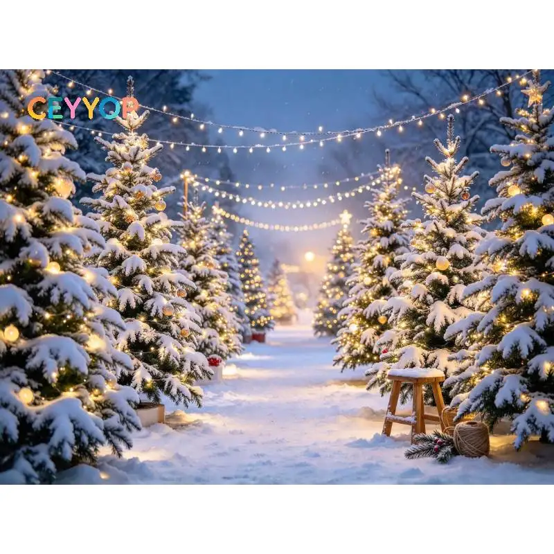 CEYYOR Winter Christmas Studio Backdrop Magical Night Christmas Tree Farm, Rows of Snow-covered Lit Fir Trees, Overhead String L