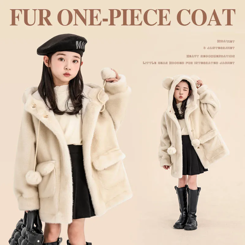 

Winter Children Girls Long Fur Coats Bear Ears Hooded 1-10Y Girls Faux Fur Coats Solid Thicken Warm Kids Girls Outerwear Coats
