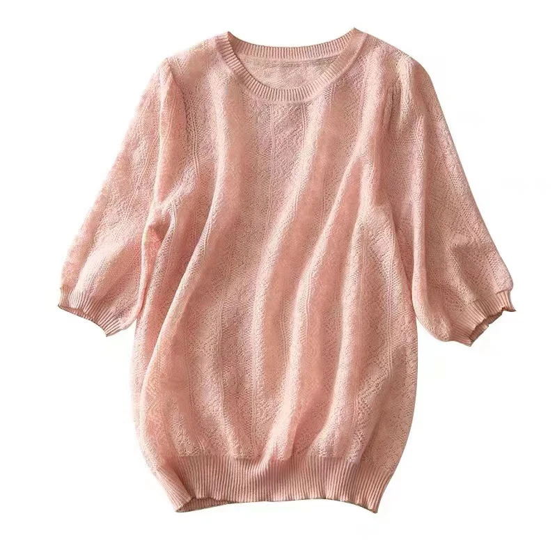2023 Summer Thin Hollow Out Knitted T Shirt Women White Tops Female O Neck Casual Tshirts Woman Short Sleeve Loose Pink Tees