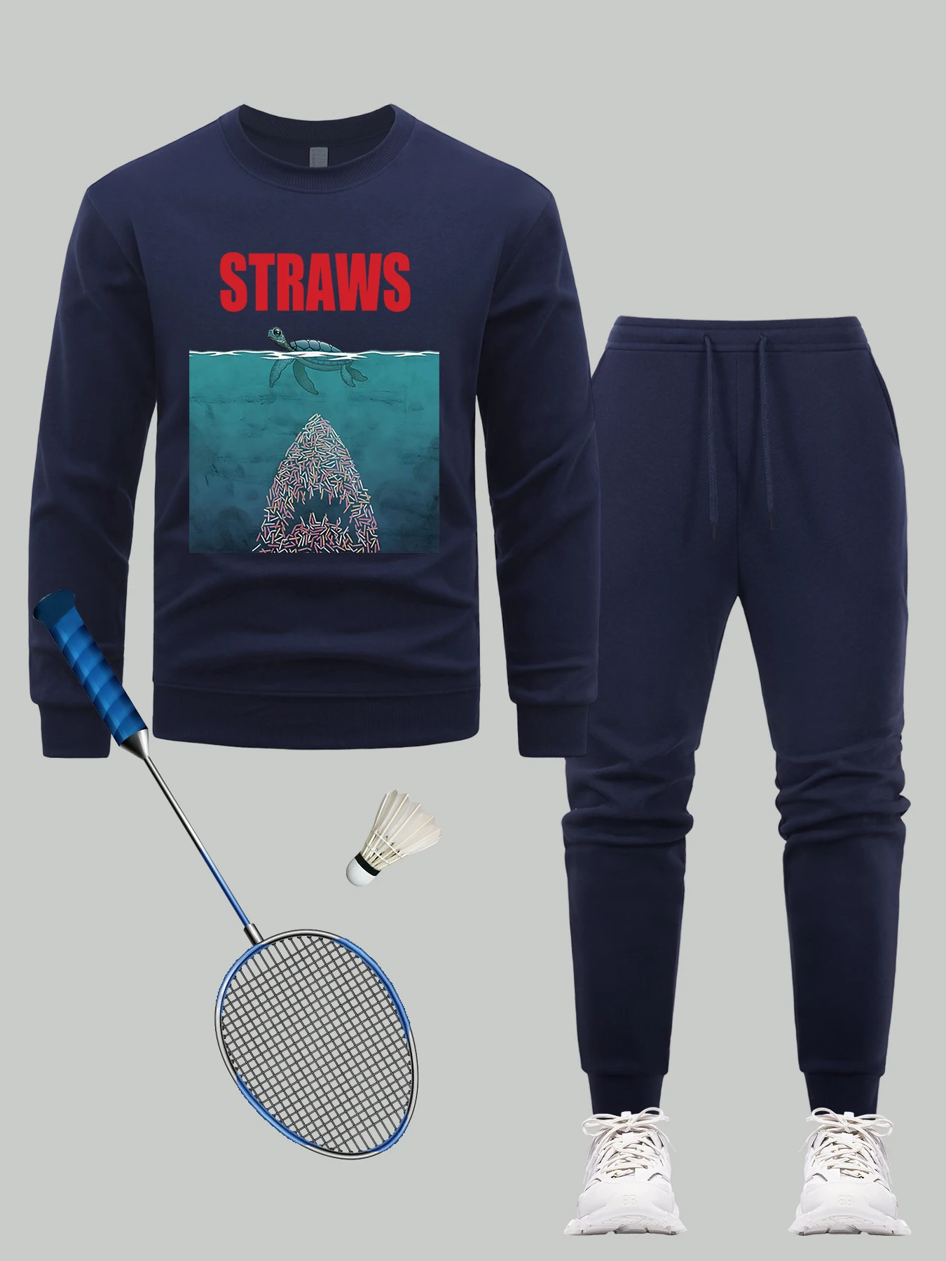 

Straws Protects The Ocean Print Sweatshirt Set Man Casual Loose Jogging Pants Fur-Liner Sport Pullover Fleece O-Neck Sweatpants