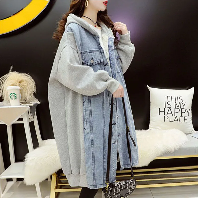 New Women Denim Splicing Hoodie Cardigan Autumn Winter Long Hooded Denim Jacket Loose Female Casual Windproof Motorcycle Jackets