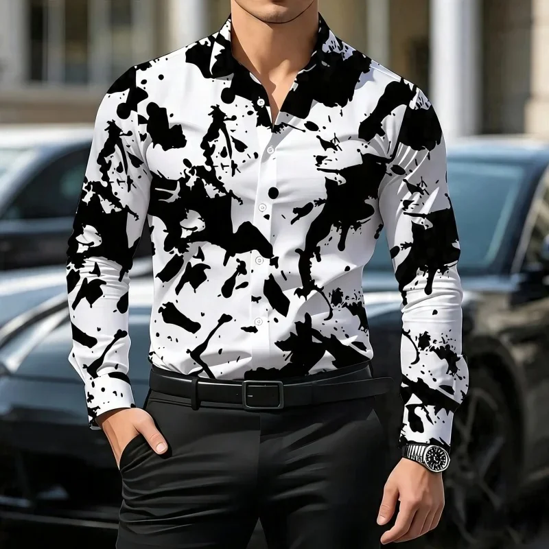 Men's Shirt Retro Newspaper Print Men's Long Sleeved Shirt Fashionable Design Lapel Shirt Casual Trend Slim Fit Men's Top