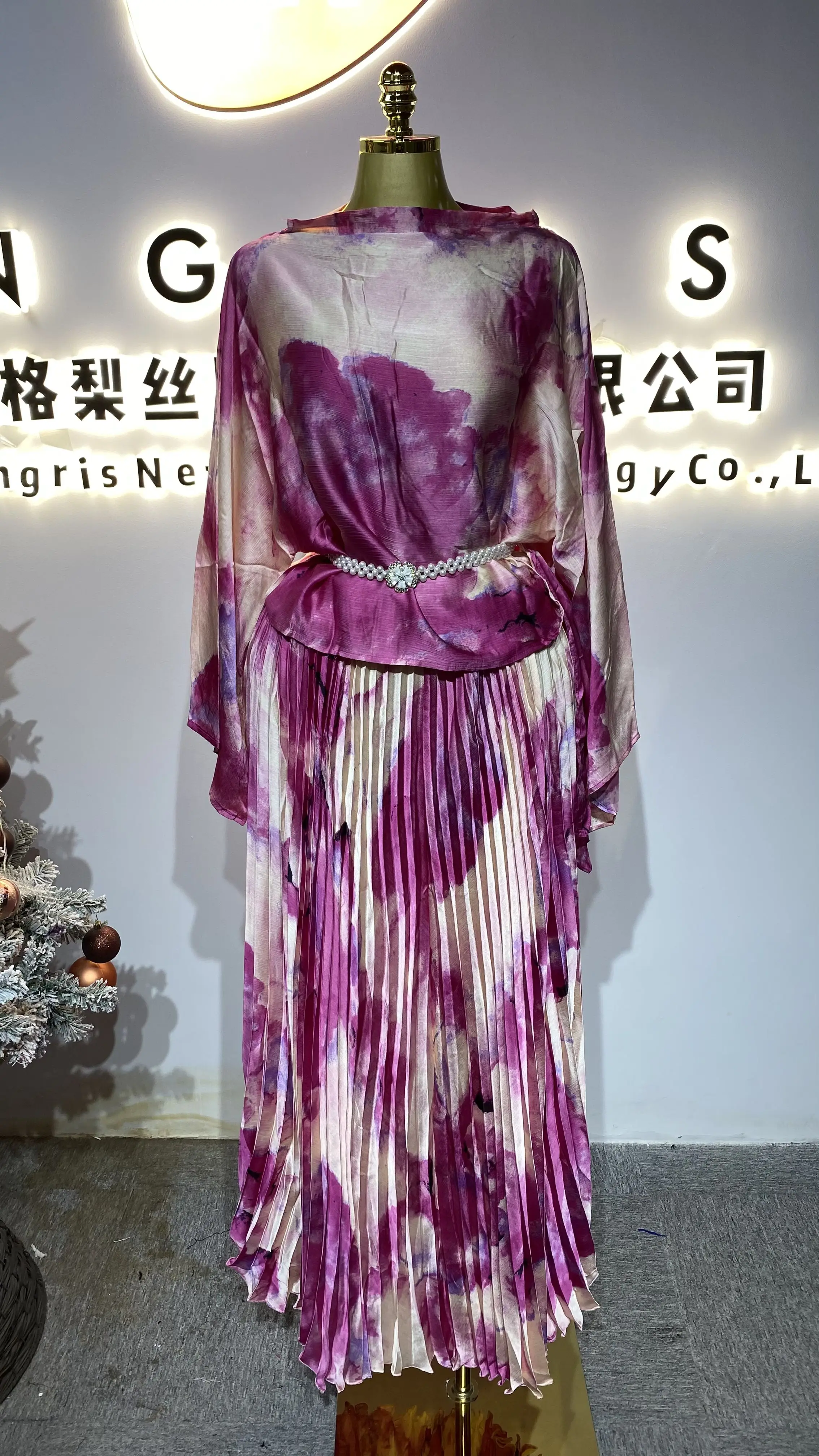 

Summer Stand Collar Waist Fitted Bandage Pleated Women's Empire Print Shift Lace Dress-GZXX306