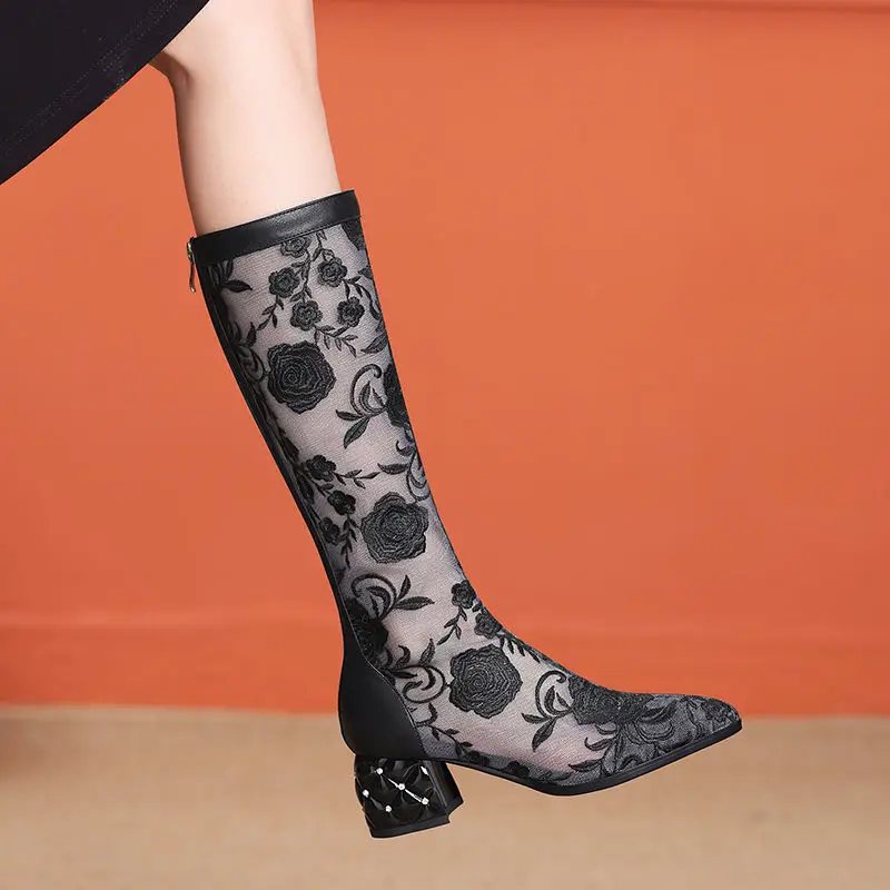 FHC Women Knee High Sandals Boots,Summer Mesh Shoes,Embroidery Flower Lace Long Botas,Pointed Toe,Back Zip,Black,White,Dropship