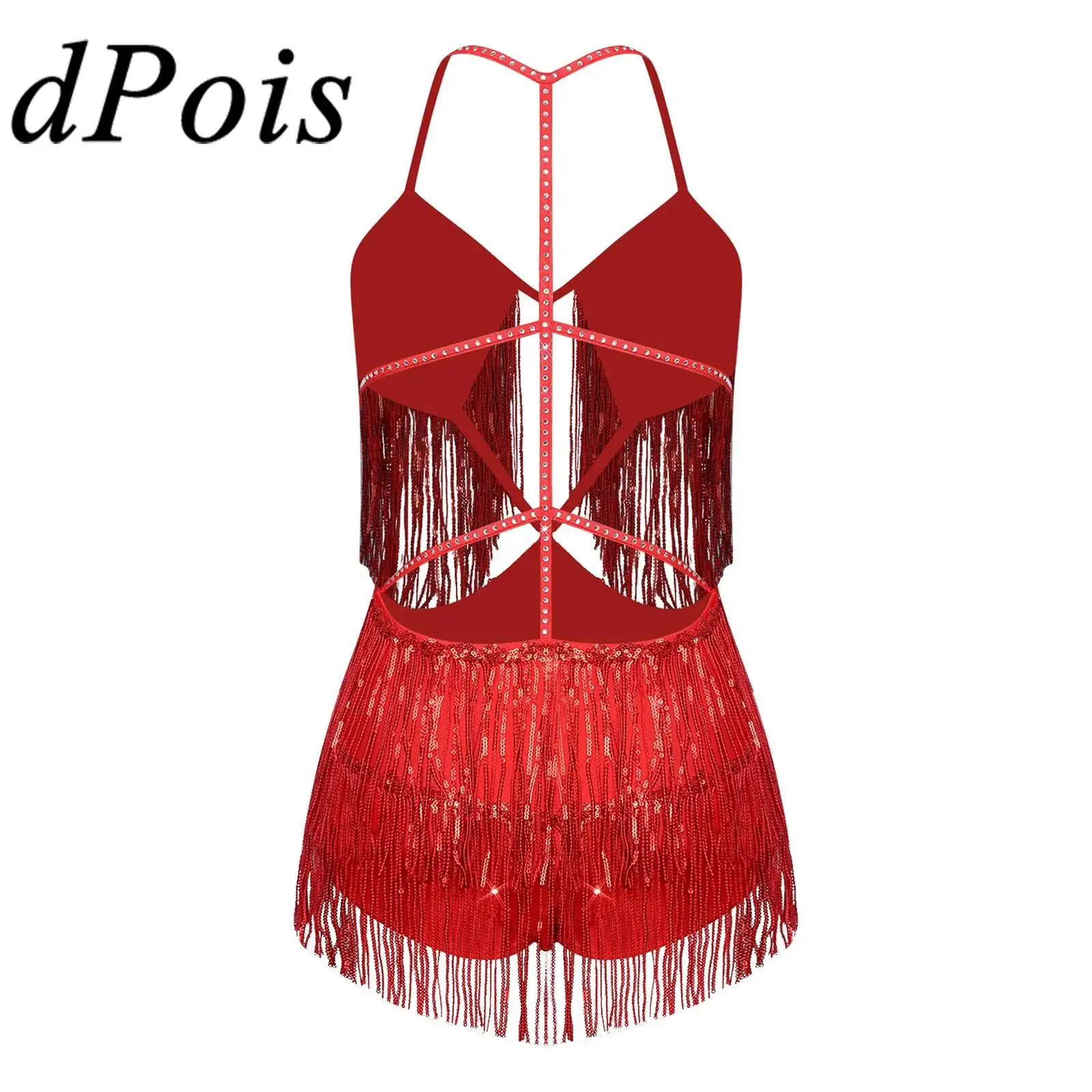 

Women Tassels Hollow Out Leotards Shiny Jumpsuit Fringed Bodysuit Latin Belly Dance Costumes Tango Cha-cha Sequin Dance Wear